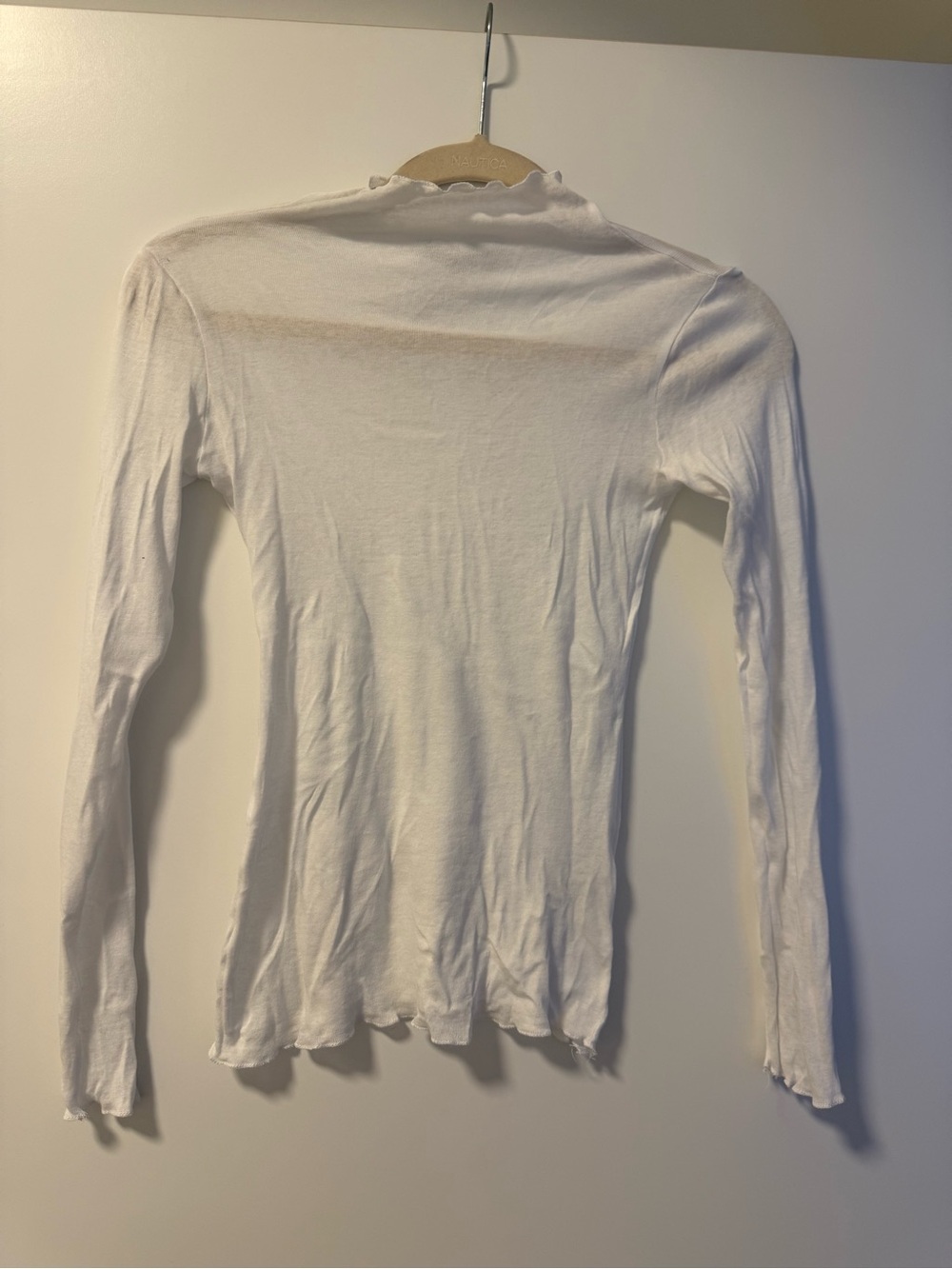 Women's White Sheer Long-Sleeve Lettuce-Edge Top